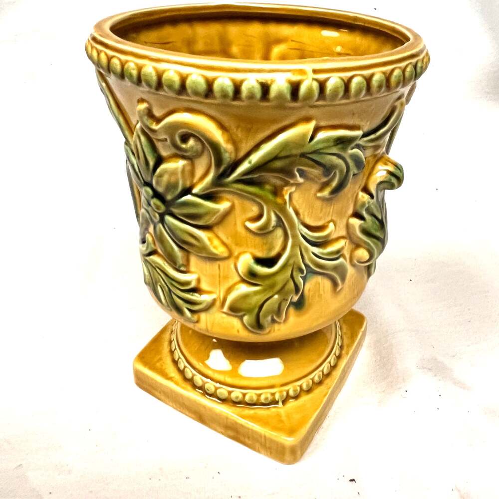 MidCentury Terraro by Inarco  Yellow Green Ceramic Pedestal Urn Vase E-3370